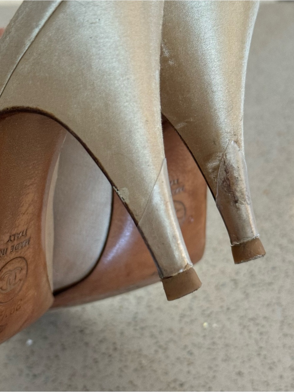 VINTAGE Chanel Champagne Satin and Gold Leather Slingback Pumps - Picture 6 of 8